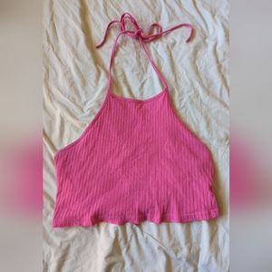 Cropped Tie Back Halter Top Hot Pink Size Large